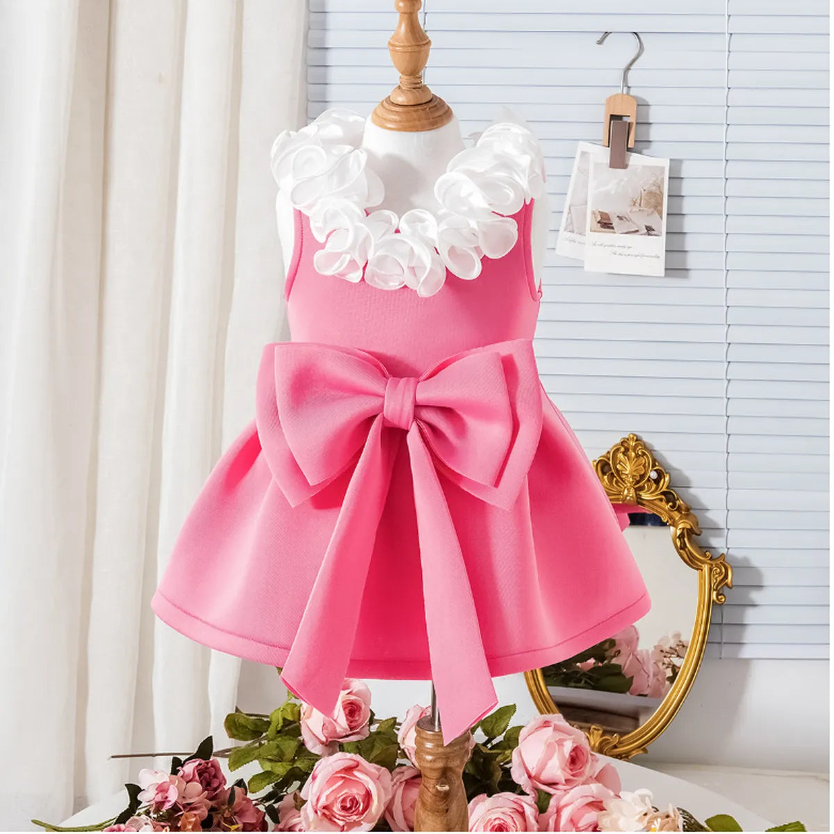 Luxury Rosette Collar Pink Dress with Giant Bow Detail (1-5 Years)